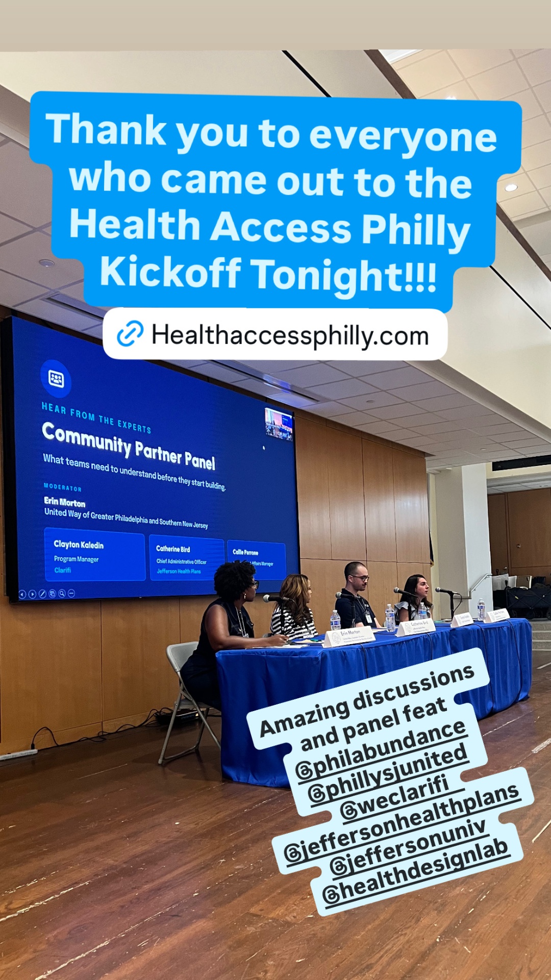 Community Partner Panel at the Health Access Philly Kickoff — panelists seated at a table with a large presentation screen behind them