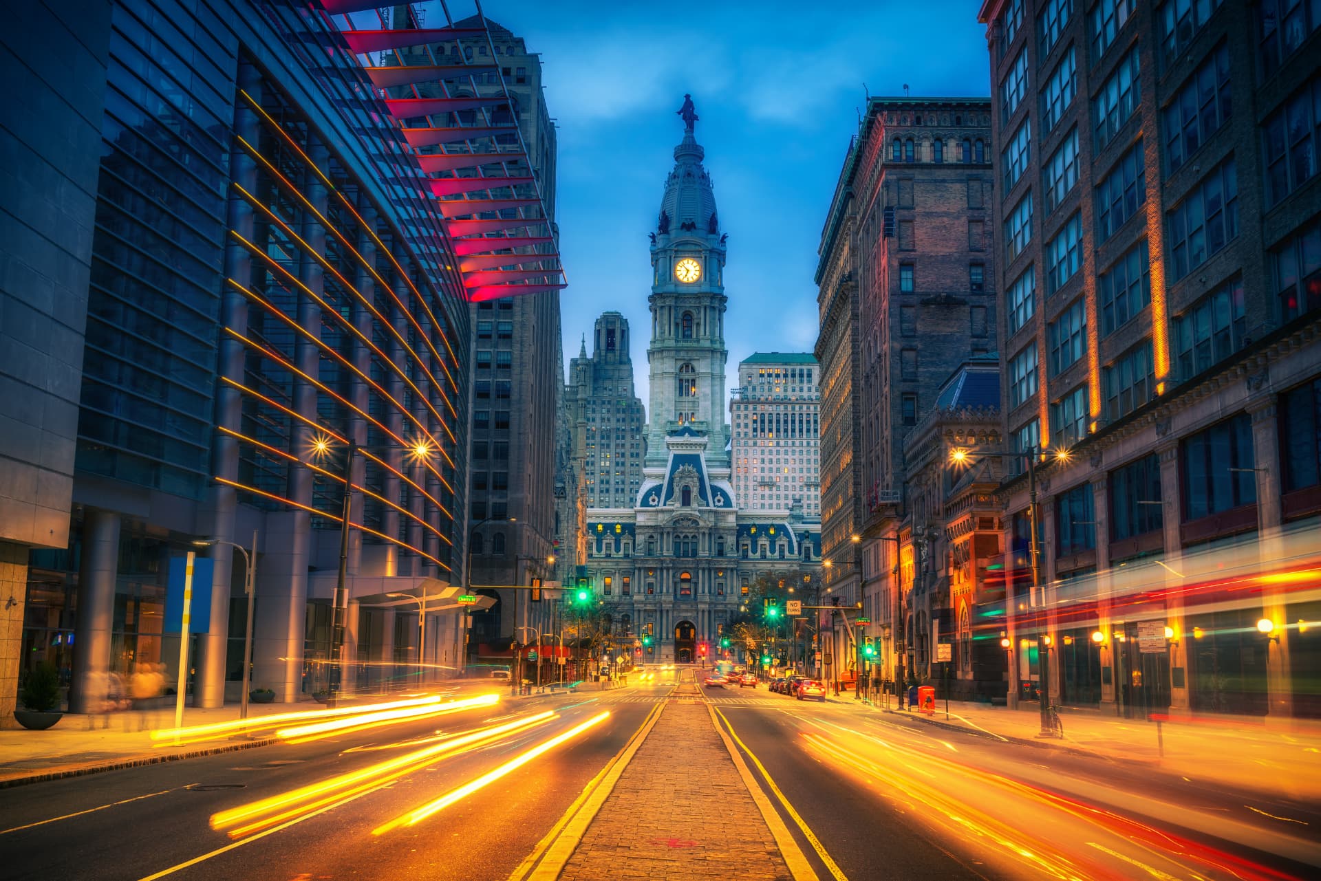 Philadelphia City Hall at dusk seen down Broad Street